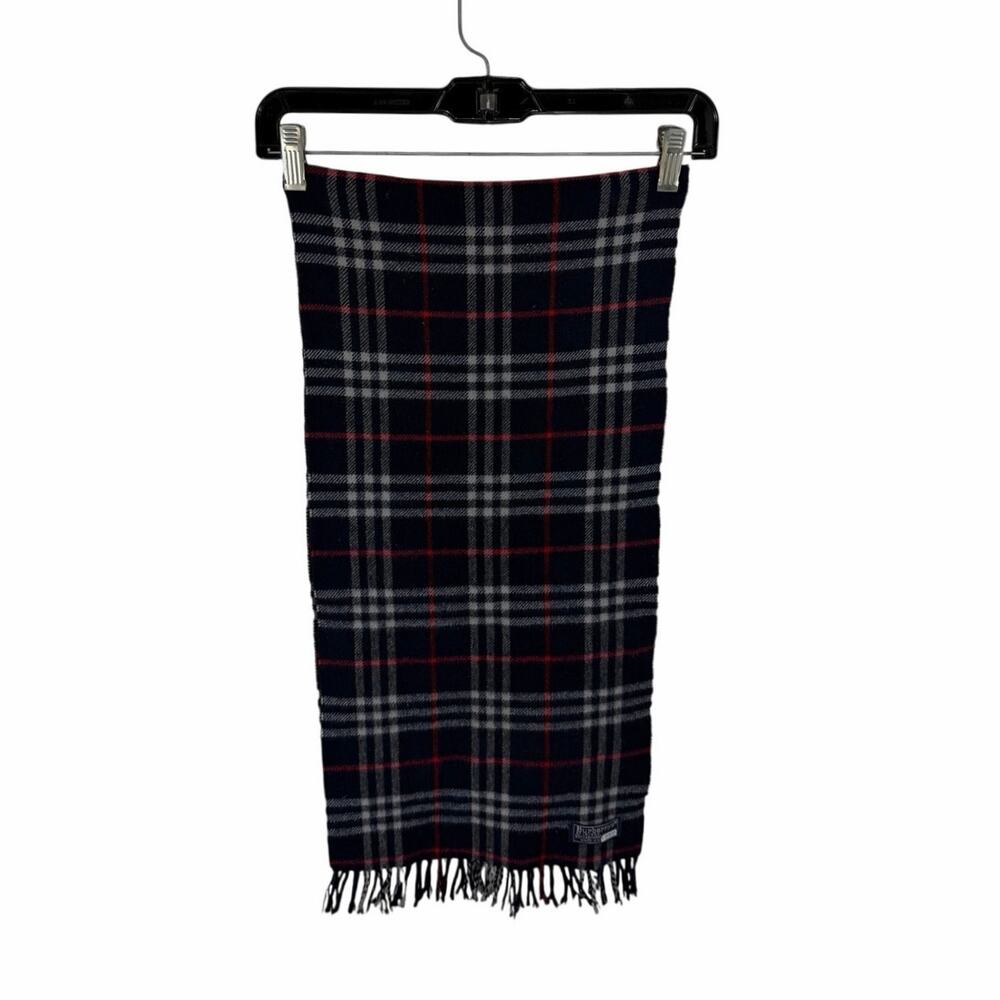 Vintage Burberry Cashmere Wool Fringe Scarf Navy Red Plaid